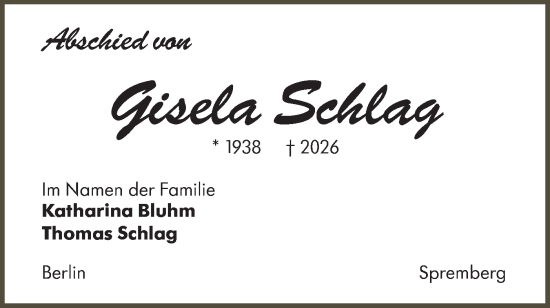 Traueranzeige von Gisela Schlag von Lausitzer Rundschau