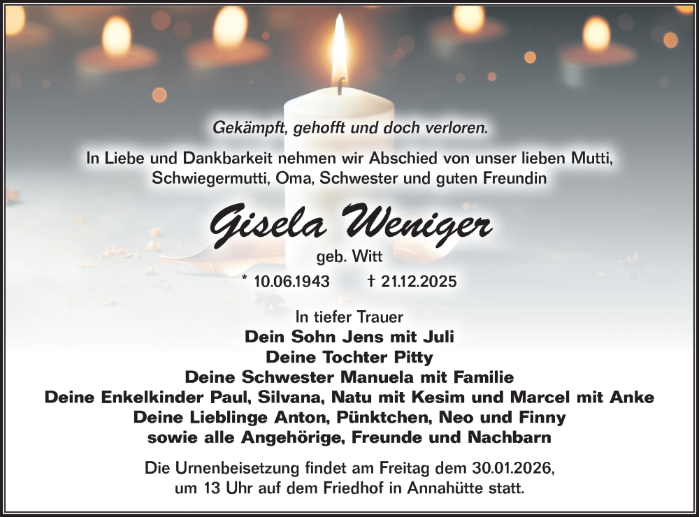  Traueranzeige für Gisela Weniger vom 17.01.2026 aus Lausitzer Rundschau