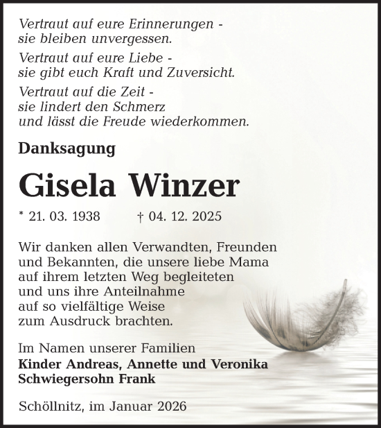 Traueranzeige von Gisela Winzer von Ausg. LR Spreewald RS