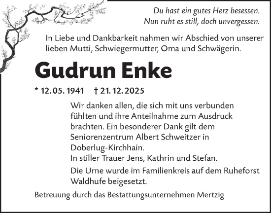 Traueranzeige von Gudrun Enke von Lausitzer Rundschau
