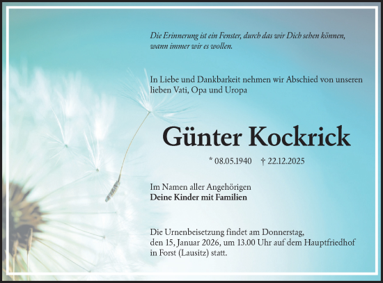 Traueranzeige von Günter Kockrick von Lausitzer Rundschau