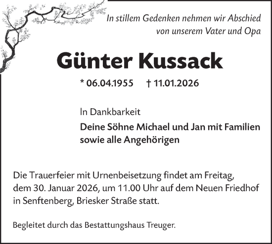 Traueranzeige von Günter Kussack von Lausitzer Rundschau