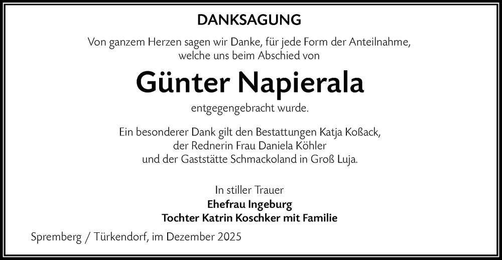  Traueranzeige für Günter Napierala vom 03.01.2026 aus Lausitzer Rundschau