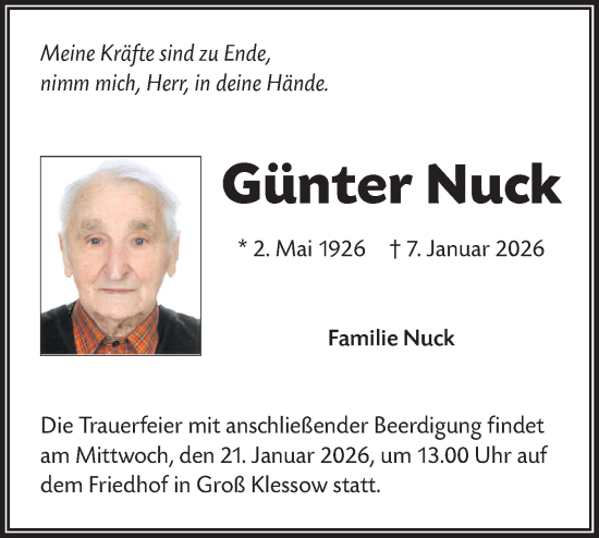 Traueranzeige von Günter Nuck von Ausg. LR Spreewald RS