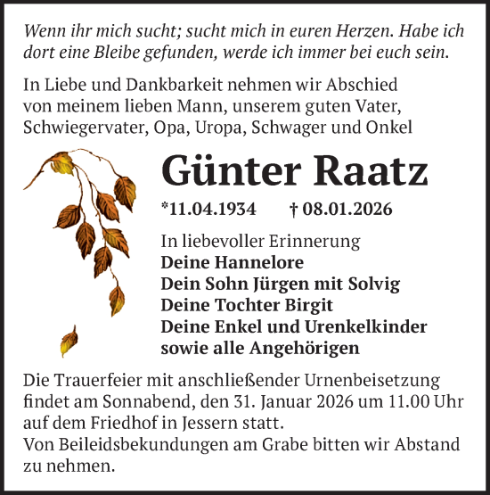 Traueranzeige von Günter Raatz von Ausg. LR Spreewald RS