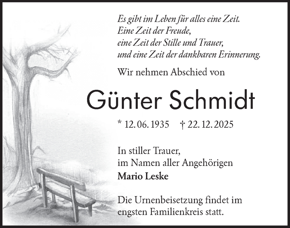  Traueranzeige für Günter Schmidt vom 17.01.2026 aus Lausitzer Rundschau