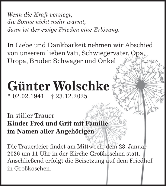Traueranzeige von Günter Wolschke von Lausitzer Rundschau