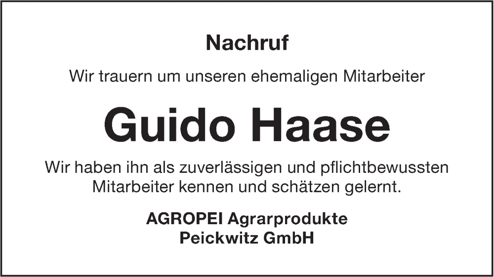  Traueranzeige für Guido Haase vom 17.01.2026 aus Lausitzer Rundschau