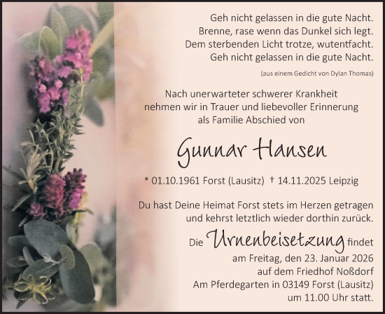 Traueranzeige von Gunnar Hansen von Lausitzer Rundschau