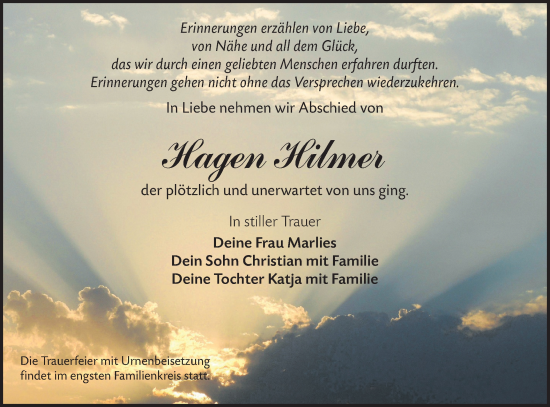 Traueranzeige von Hagen Hilmer von Lausitzer Rundschau