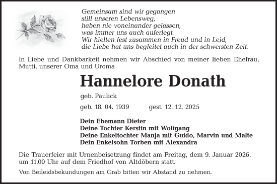 Traueranzeige von Hannelore Donath von Ausg. LR Spreewald RS