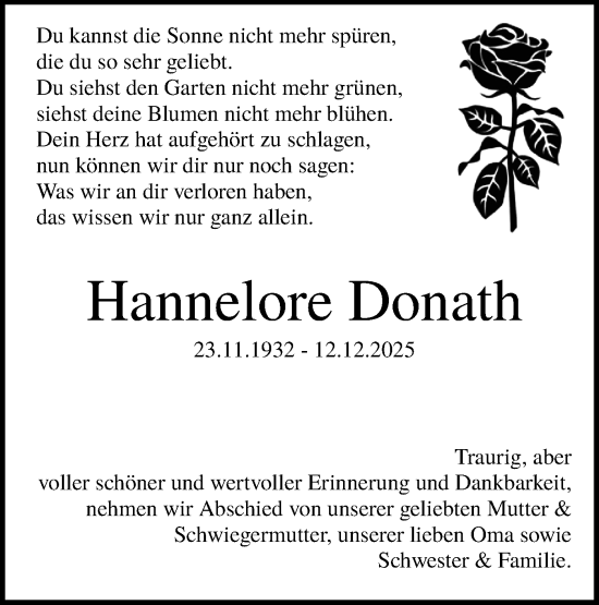 Traueranzeige von Hannelore Donath von Lausitzer Rundschau