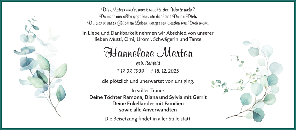  Traueranzeige für Hannelore Merten vom 17.01.2026 aus Lausitzer Rundschau