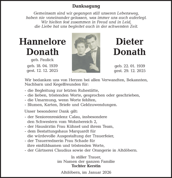 Traueranzeige von Hannelore und Dieter Donath von Ausg. LR Spreewald RS