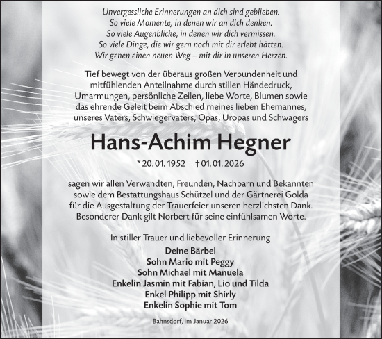 Traueranzeige von Hans-Achim Hegner von Lausitzer Rundschau