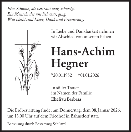 Traueranzeige von Hans-Achim Hegner von Lausitzer Rundschau