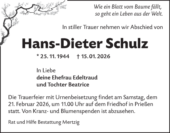 Traueranzeige von Hans-Dieter Schulz von Lausitzer Rundschau