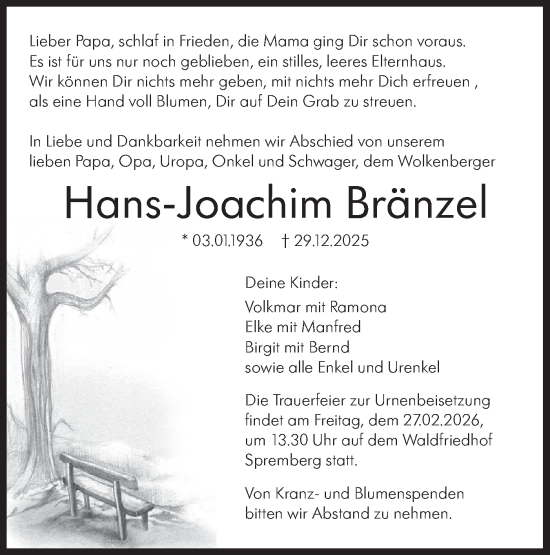 Traueranzeige von Hans-Joachim Bränzel von Lausitzer Rundschau