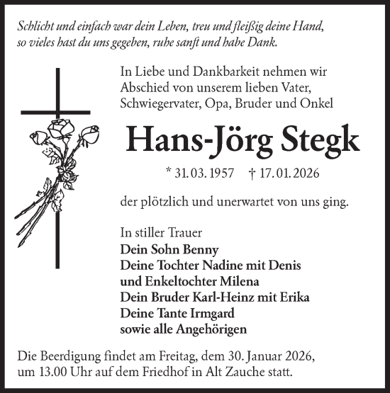 Traueranzeige von Hans-Jörg Stegk von Ausg. LR Spreewald RS