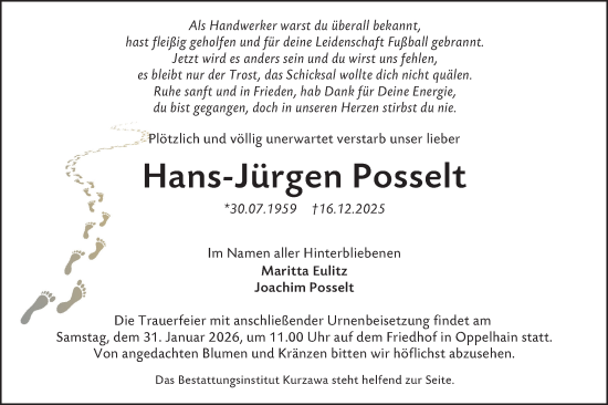 Traueranzeige von Hans-Jürgen Posselt von Lausitzer Rundschau