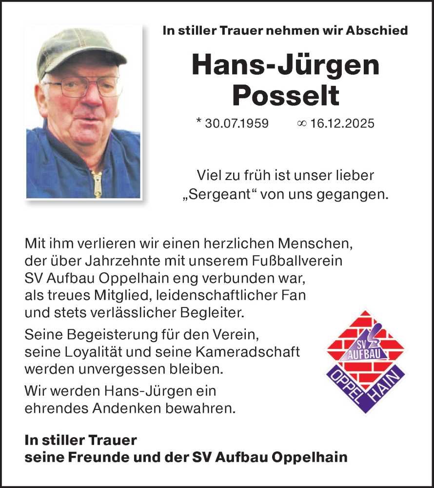  Traueranzeige für Hans-Jürgen Posselt vom 24.01.2026 aus Lausitzer Rundschau