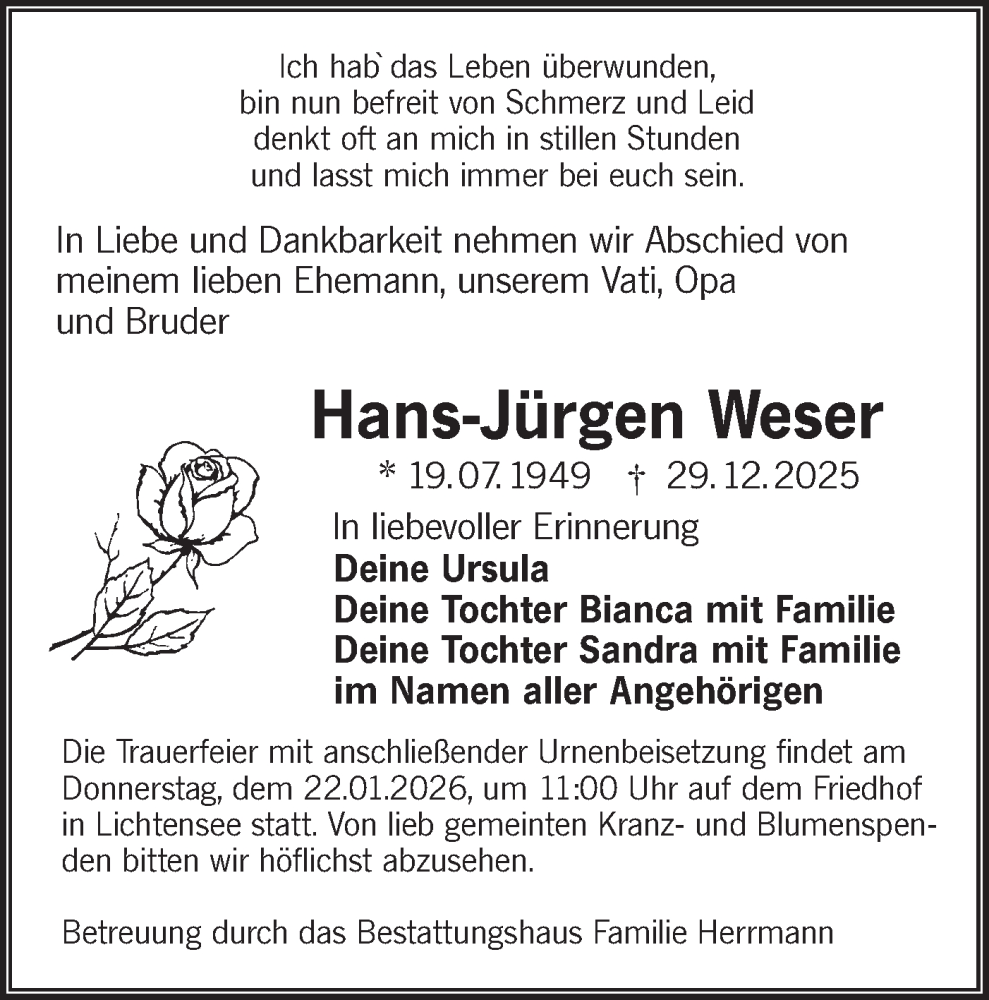  Traueranzeige für Hans-Jürgen Weser vom 10.01.2026 aus Lausitzer Rundschau