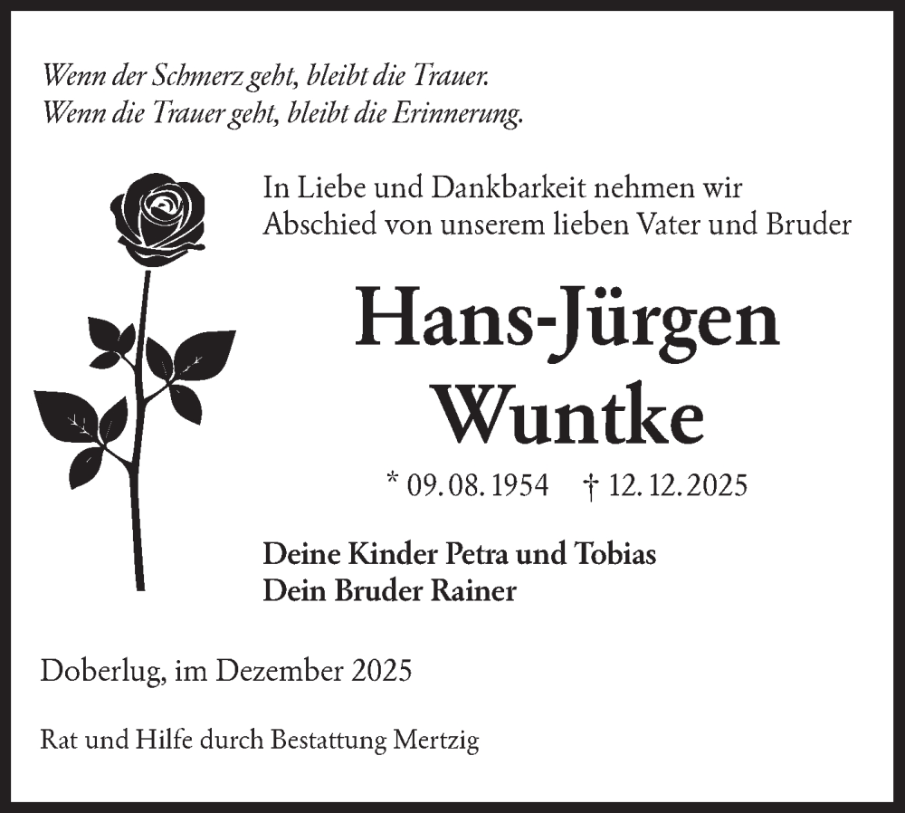  Traueranzeige für Hans-Jürgen Wuntke vom 03.01.2026 aus Lausitzer Rundschau