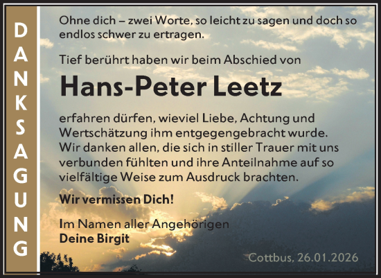 Traueranzeige von Hans-Peter Leetz von Lausitzer Rundschau