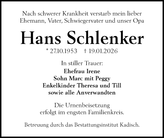 Traueranzeige von Hans Schlenker von Lausitzer Rundschau