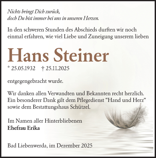 Traueranzeige von Hans Steiner von Lausitzer Rundschau