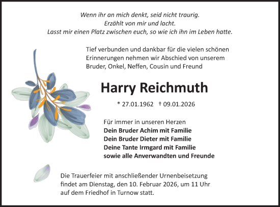Traueranzeige von Harry Reichmuth von Lausitzer Rundschau