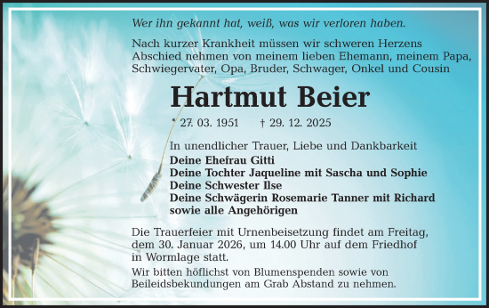 Traueranzeige von Hartmut Beier von Lausitzer Rundschau