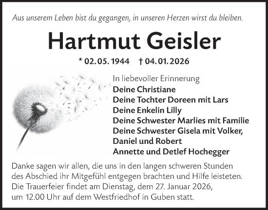 Traueranzeige von Hartmut Geisler von Lausitzer Rundschau