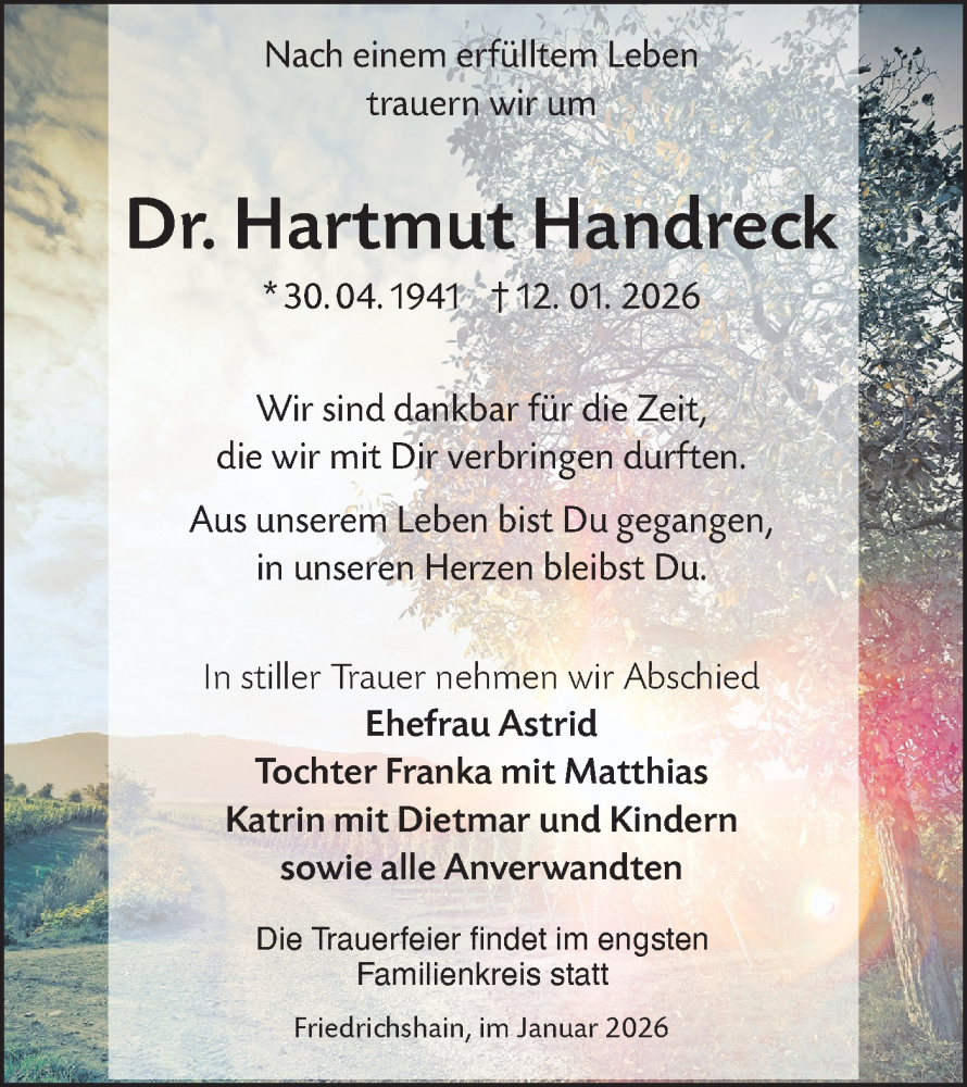  Traueranzeige für Hartmut Handreck vom 24.01.2026 aus Lausitzer Rundschau