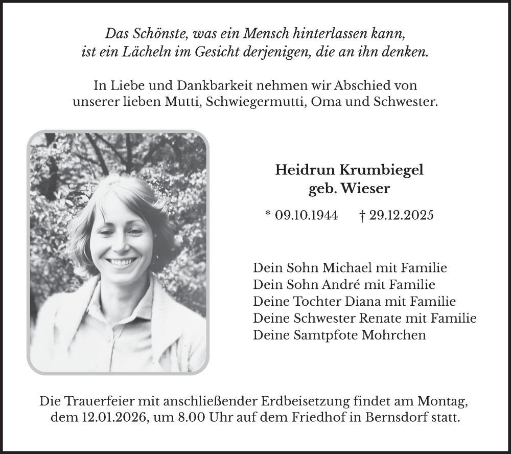  Traueranzeige für Heidrun Krumbiegel vom 10.01.2026 aus Lausitzer Rundschau