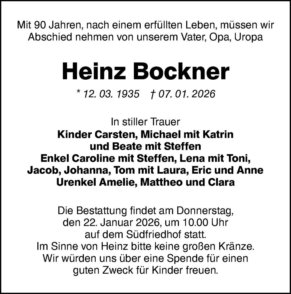  Traueranzeige für Heinz Bockner vom 17.01.2026 aus Lausitzer Rundschau