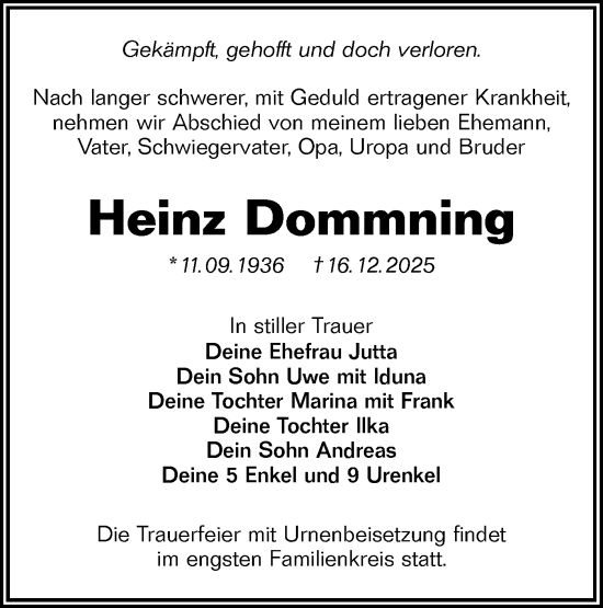 Traueranzeige von Heinz Dommning von Lausitzer Rundschau