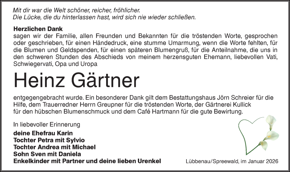  Traueranzeige für Heinz Gärtner vom 24.01.2026 aus Ausg. LR Spreewald RS