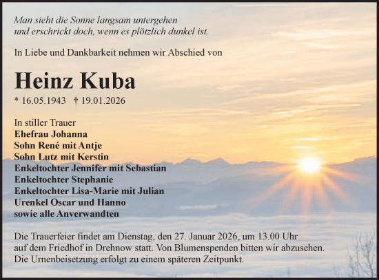 Traueranzeige von Heinz Kuba von Lausitzer Rundschau