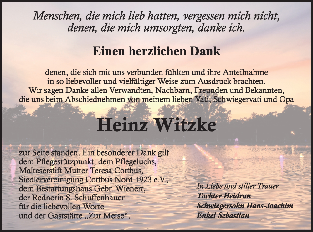  Traueranzeige für Heinz Witzke vom 10.01.2026 aus Lausitzer Rundschau