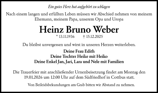 Traueranzeige von Heinz Bruno Weber von Lausitzer Rundschau