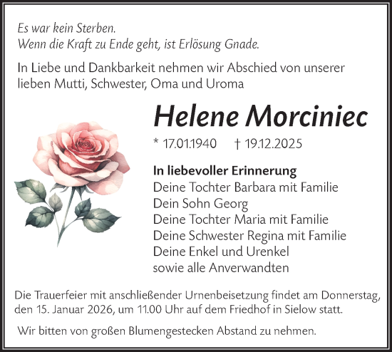 Traueranzeige von Helene Morciniec von Lausitzer Rundschau