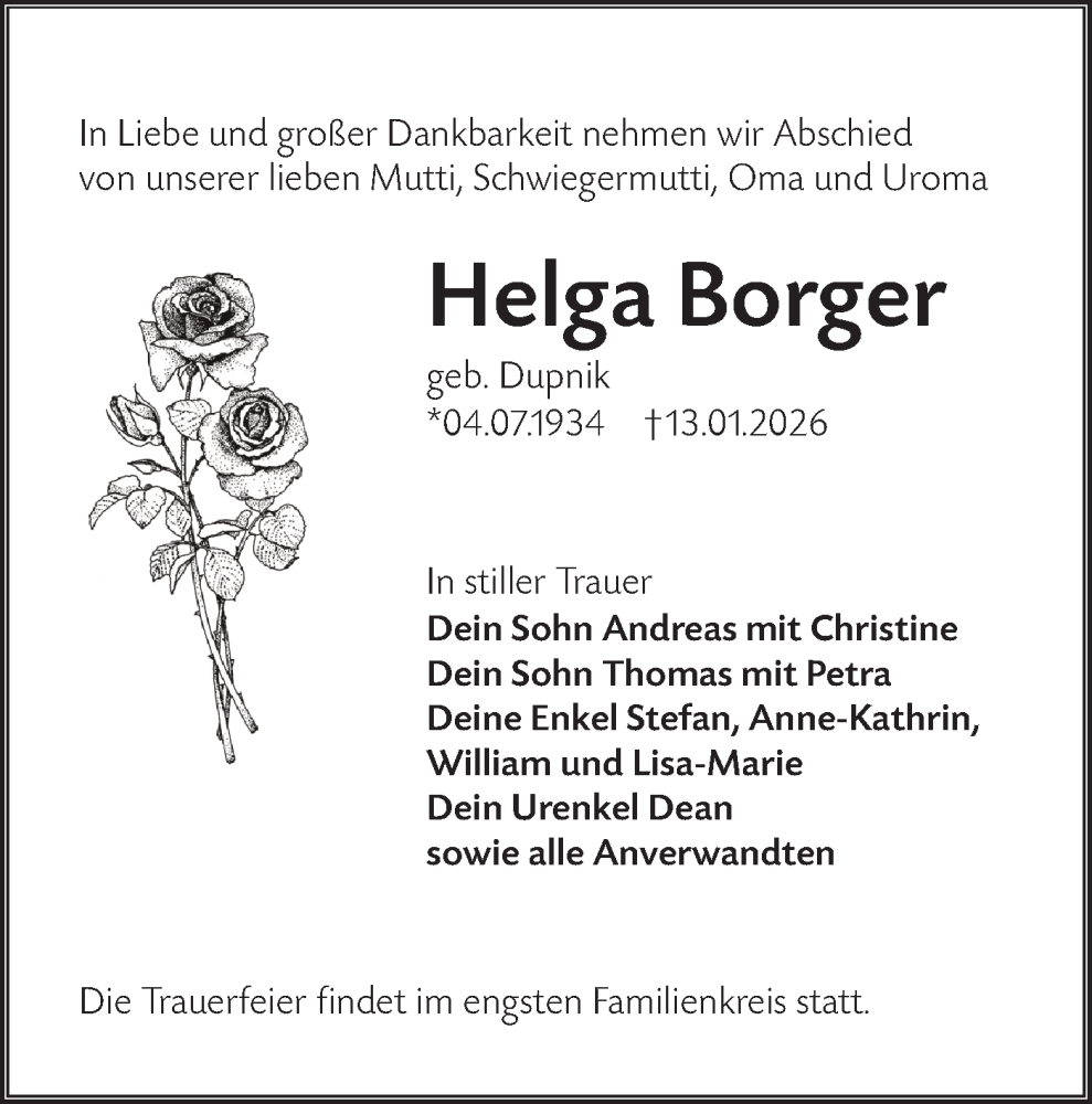  Traueranzeige für Helga Borger vom 24.01.2026 aus Lausitzer Rundschau