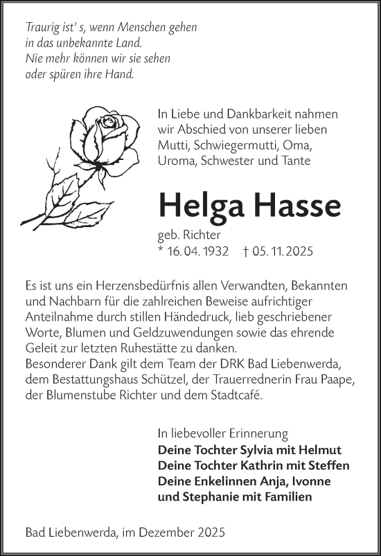 Traueranzeige von Helga Hasse von Lausitzer Rundschau