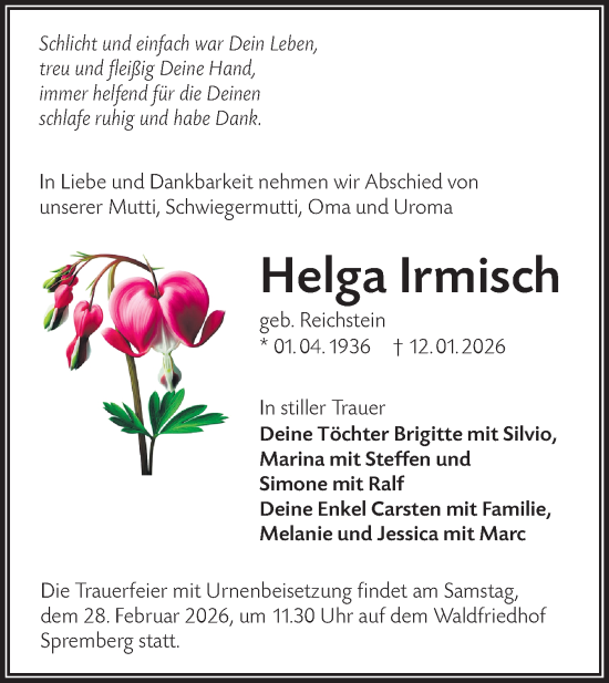 Traueranzeige von Helga Irmisch von Lausitzer Rundschau