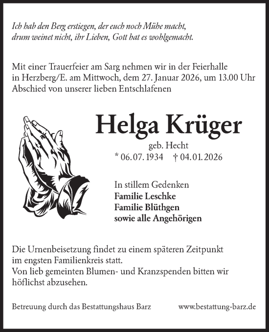 Traueranzeige von Helga Krüger von Lausitzer Rundschau