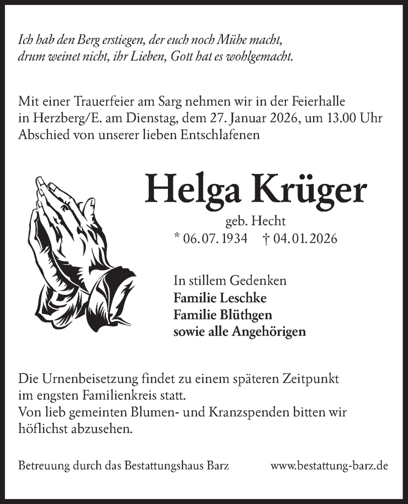  Traueranzeige für Helga Krüger vom 24.01.2026 aus Lausitzer Rundschau