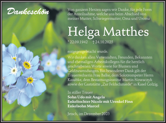 Traueranzeige von Helga Matthes von Ausg. LR Spreewald RS