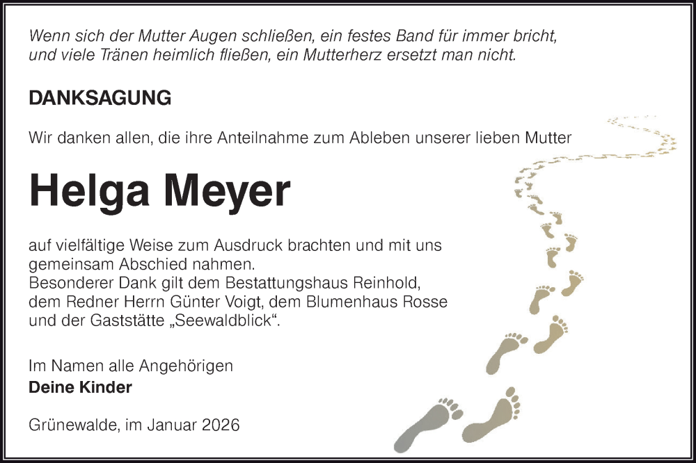  Traueranzeige für Helga Meyer vom 17.01.2026 aus Lausitzer Rundschau