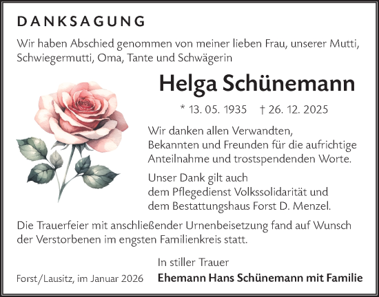 Traueranzeige von Helga Schünemann von Lausitzer Rundschau